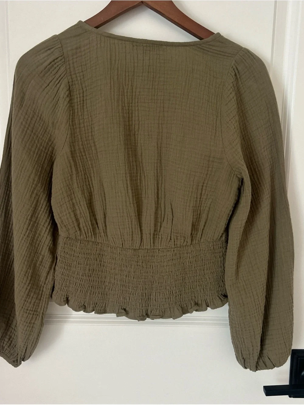 Madewell Olive Smocked V-Neck Peasant Blouse